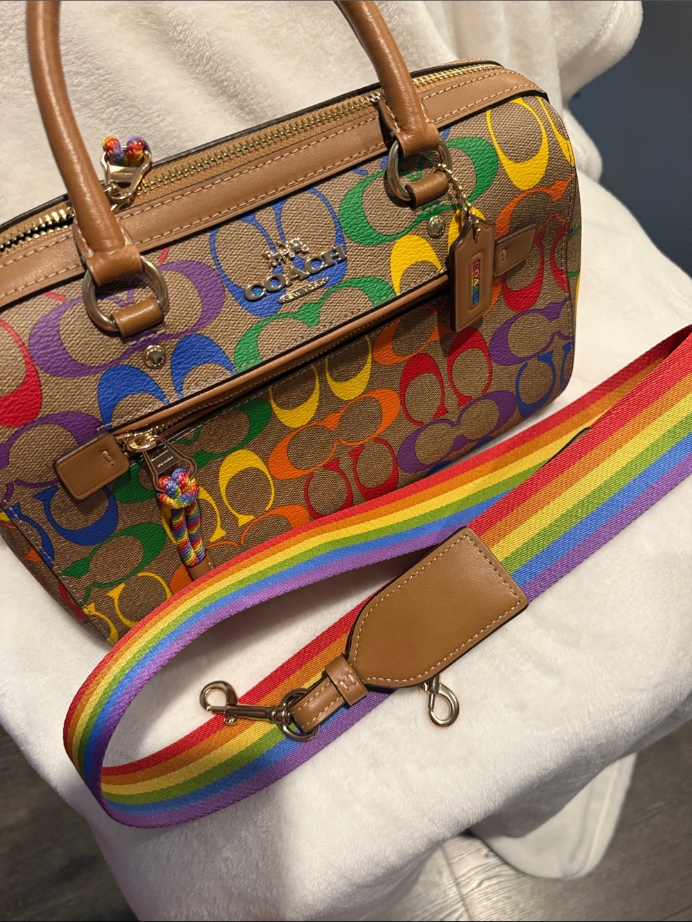 Coach Rainbow Signature Coated Canvas Satchel in Tan and Multicolor - Picture 4 of 6
